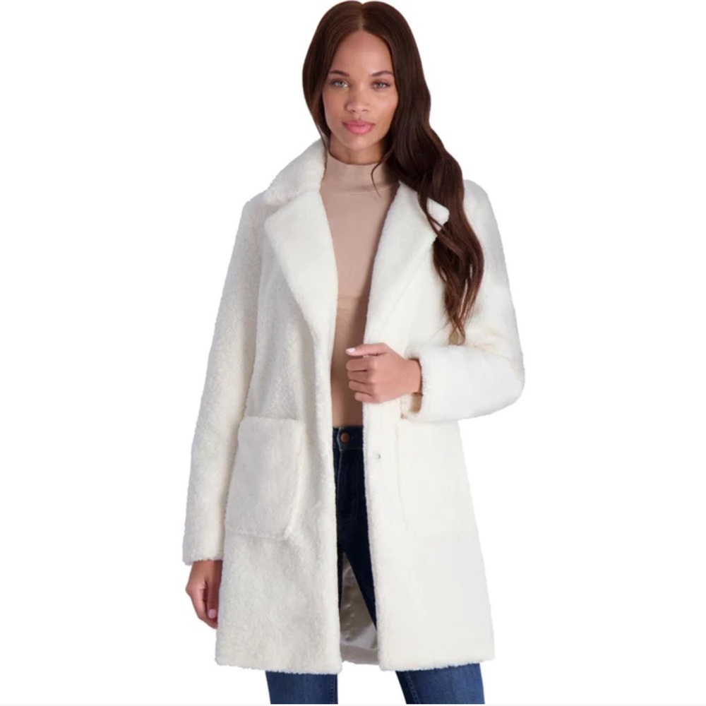NWT FRENCH CONNECTION FAUX SHEARLING TEDDY LAPEL MIDI COAT SIZE XS winter white